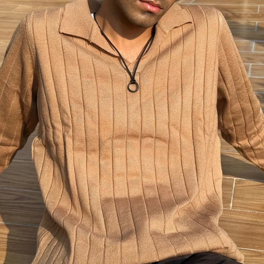 Beige Full Sleeve Ribbed Tshirt