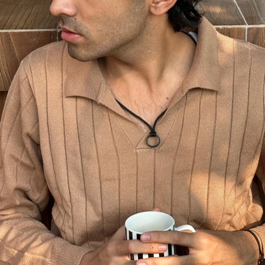 Beige Full Sleeve Ribbed Tshirt