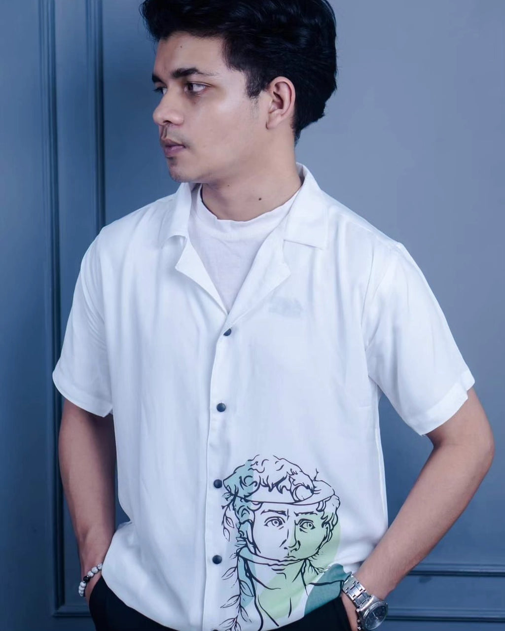 White Cuban Shirt with David Print