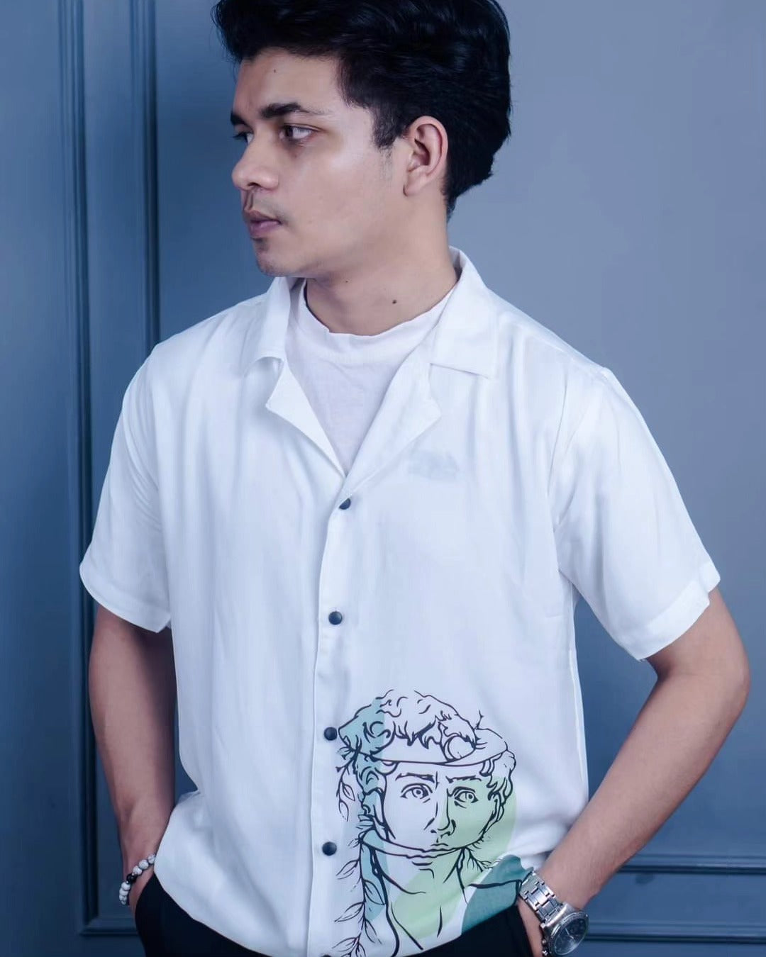 White Cuban Shirt with David Print