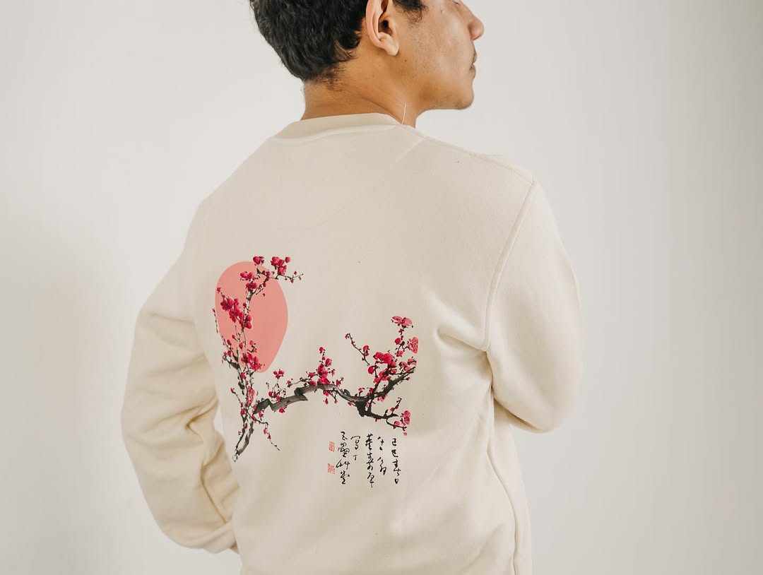 Ivory Sweatshirt With Cherry Blossom Print